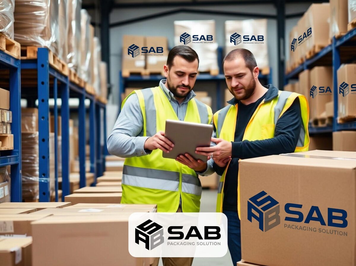 Warehouse team reviewing packaging inventory on a tablet