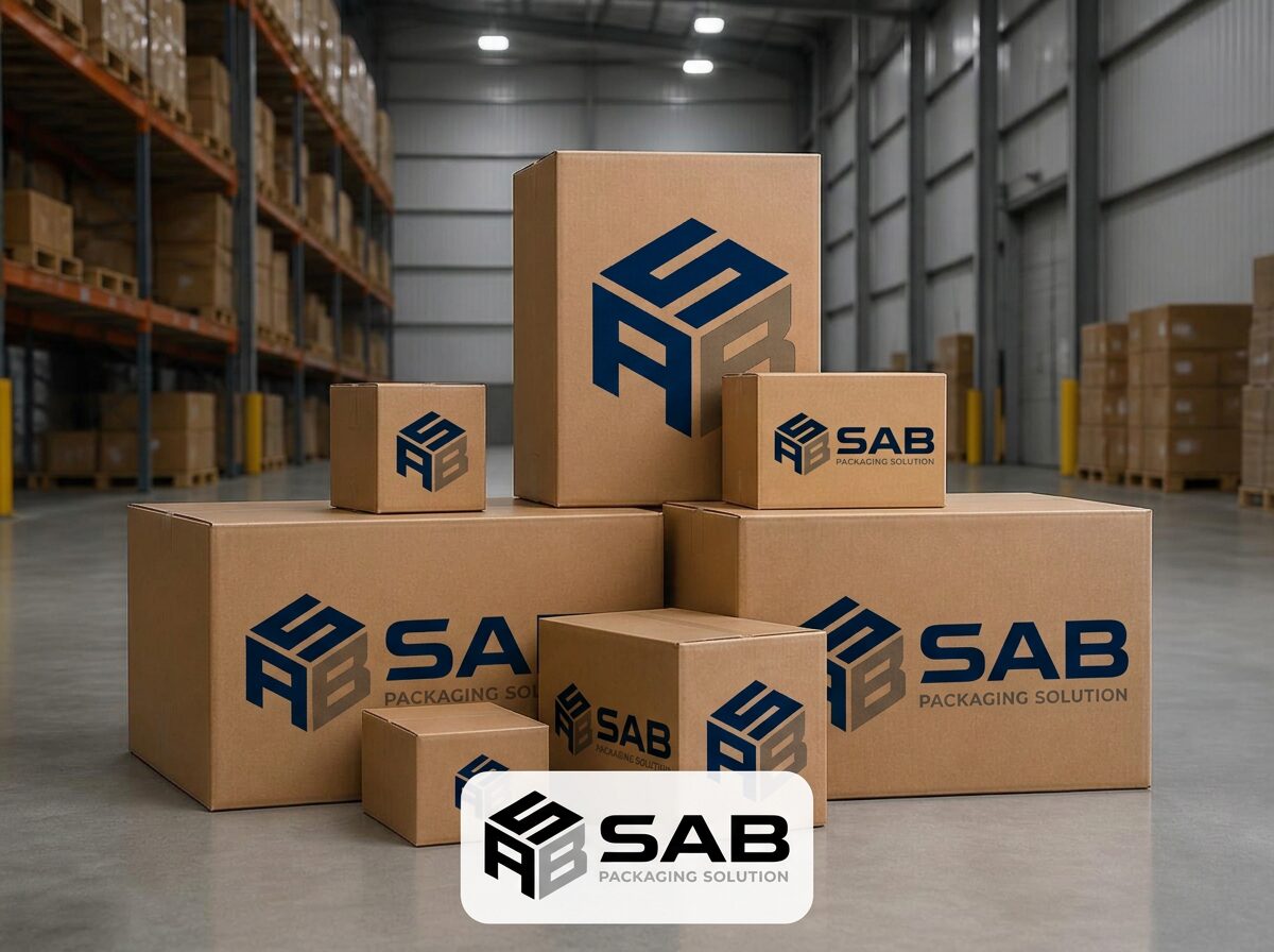 Corrugated shipping boxes in multiple sizes inside a clean industrial warehouse