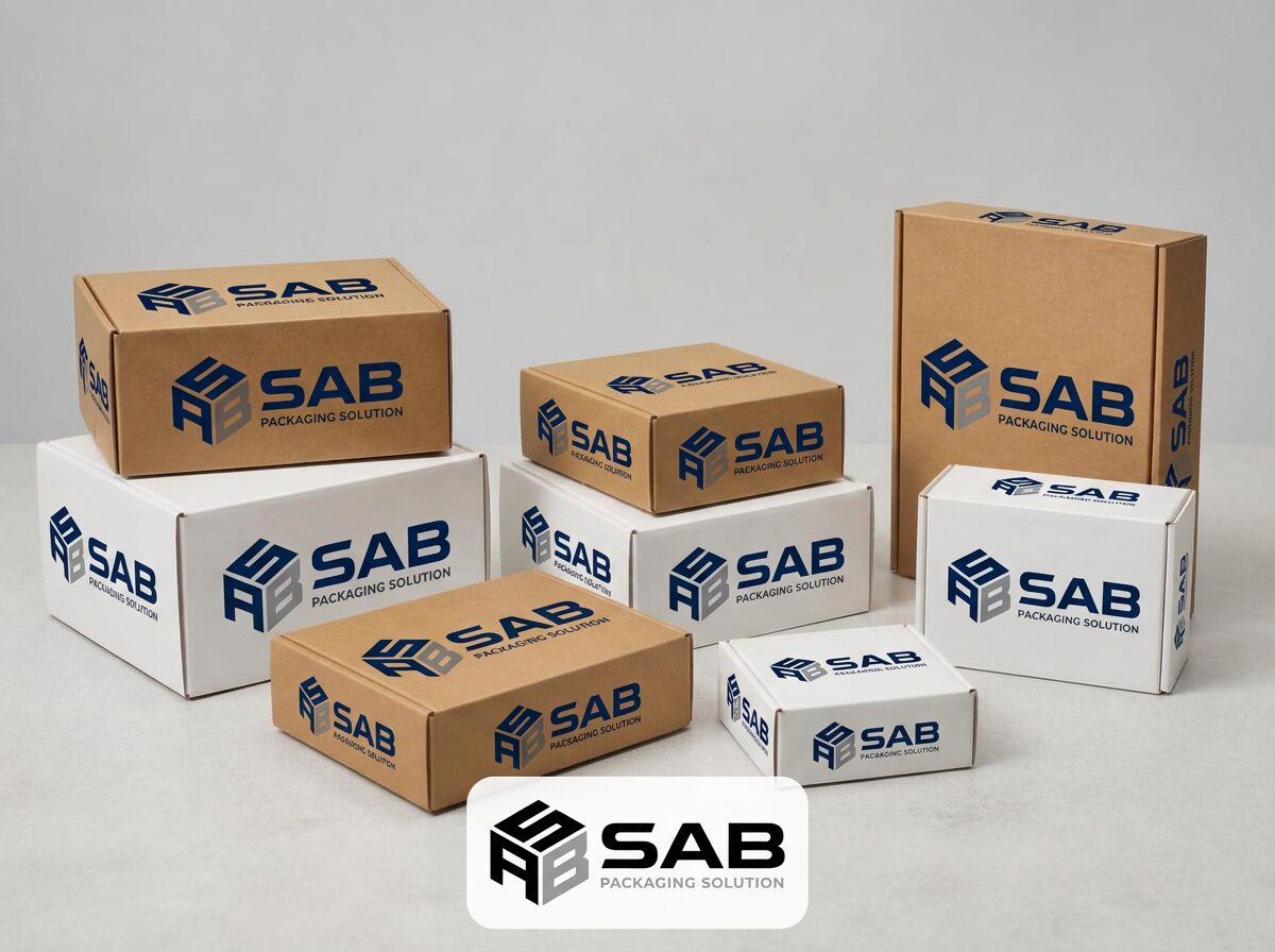 Assorted kraft and white e-commerce mailer boxes arranged on a light surface
