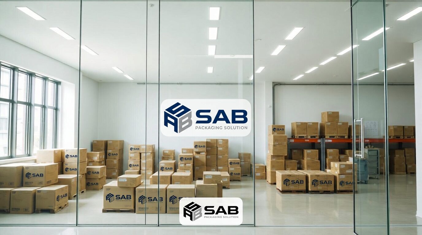 Modern packaging supplier office overlooking a stocked warehouse