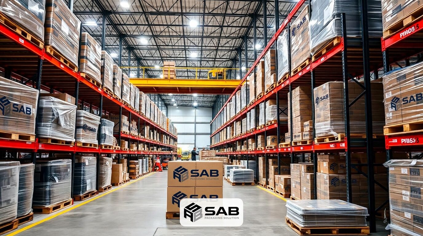 Palletized cardboard boxes in a distribution warehouse