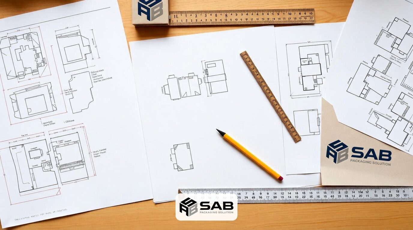 Packaging die-line drawings, corrugated samples and measuring tools on a workbench