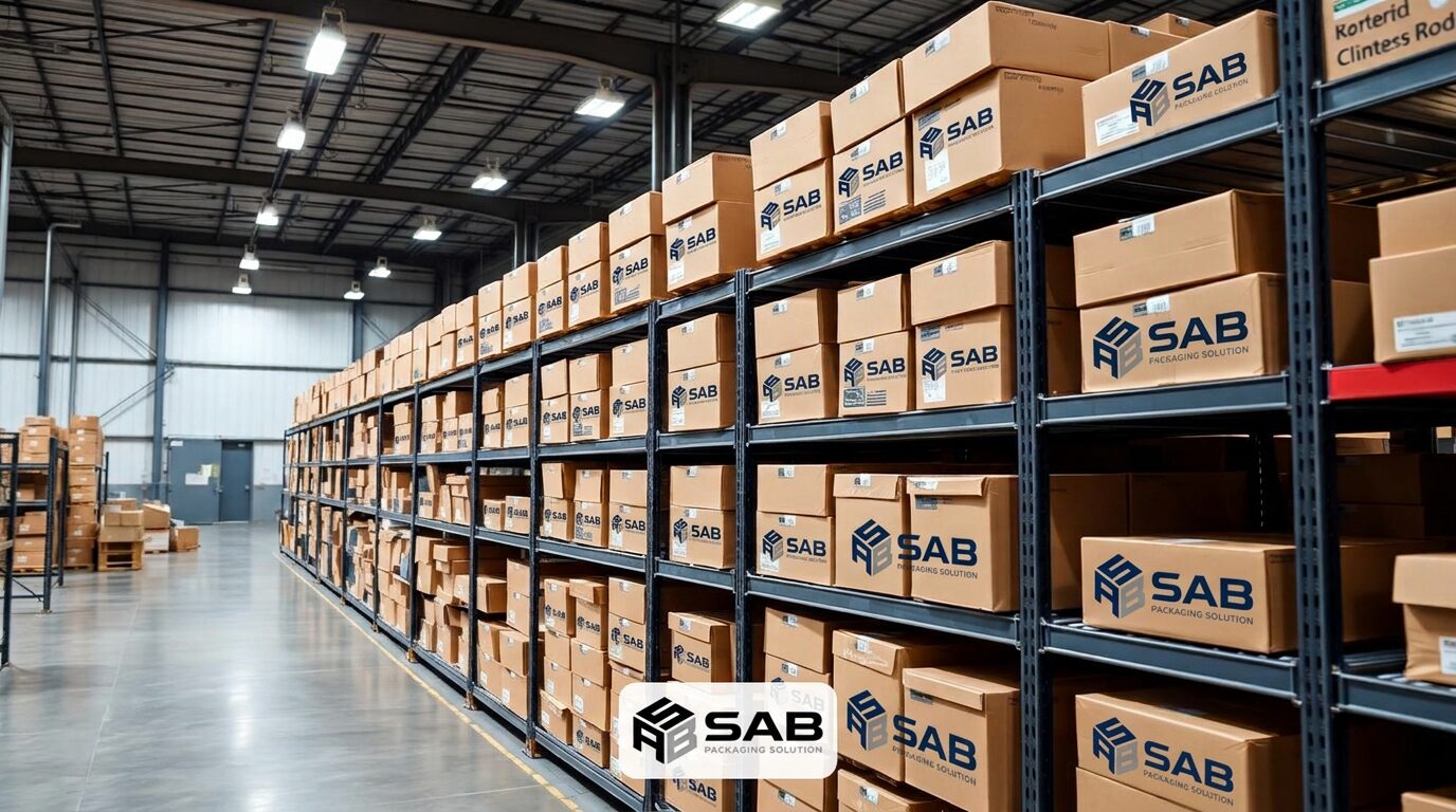 Rows of stacked corrugated cartons on shelving in a packaging warehouse