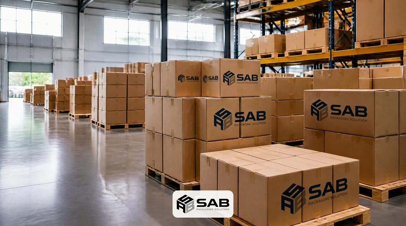 Pallets of corrugated shipping boxes stacked in a clean packaging warehouse