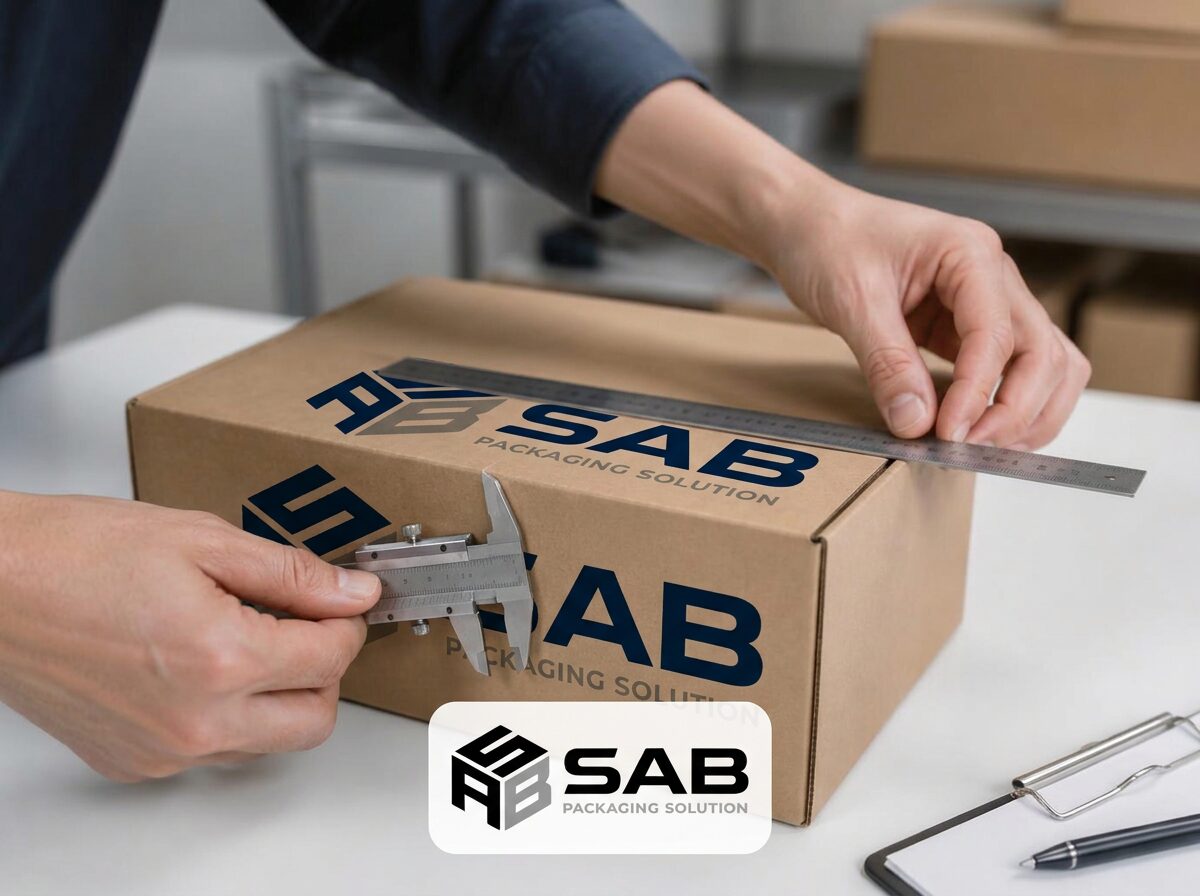 Quality control inspection measuring a corrugated box with a caliper and ruler